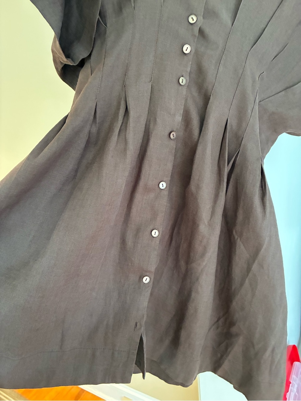 Anthropologie Exquise Brown linen Button-Front Waist-Defined Mini Dress - Picture 7 of 7